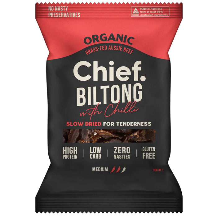 Chief Organic Grass Fed Biltong Chilli 30 grams Wicked NRG 
