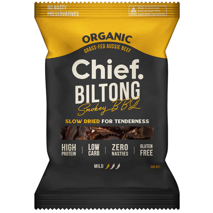 Chief Organic Grass Fed Biltong Smokey BBQ 30 grams Wicked NRG 