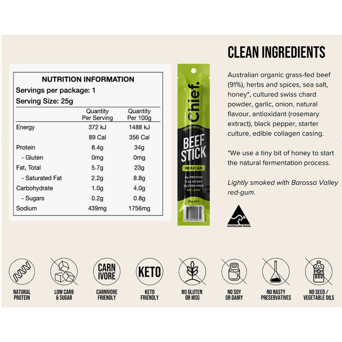 Chief Nutrition Organic Grass Fed Beef Sticks 25g - Mexican Nutritional Panel Wicked NRG
