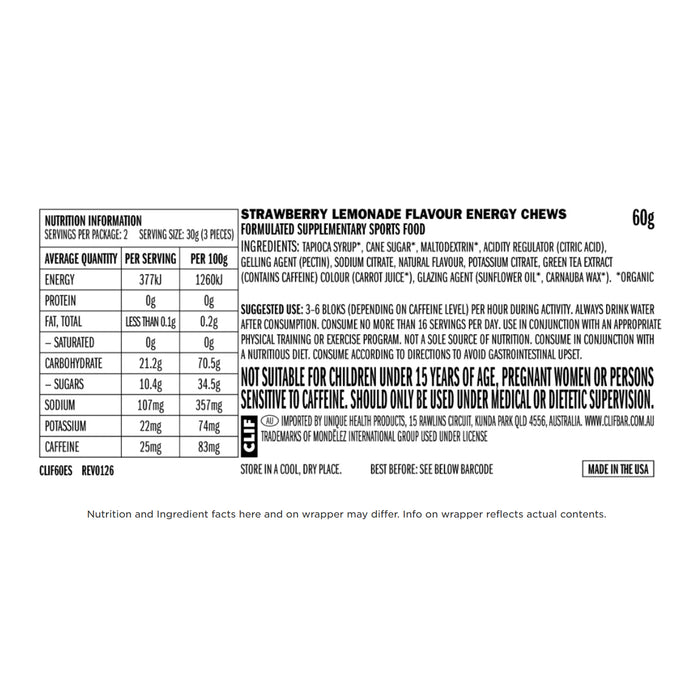 Clif Bloks Energy Chews Sour Strawberry Lemonade Nutritional Panel Wicked NRG