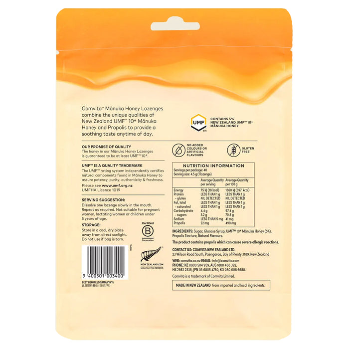 Comvita Manuka Honey Lozenges Zesty Lemon 40 Lozenges, 180g Nutritional Panel, Wicked NRG