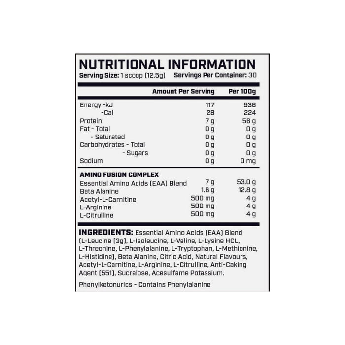 Cyborg Sport Amino Fusion Workout Powder Raspberry 363g Nutritional Panel Wicked NRG