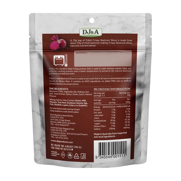 DJ&A Crispy Beetroot Slices 35 g Nutritional Panel Wicked NRG