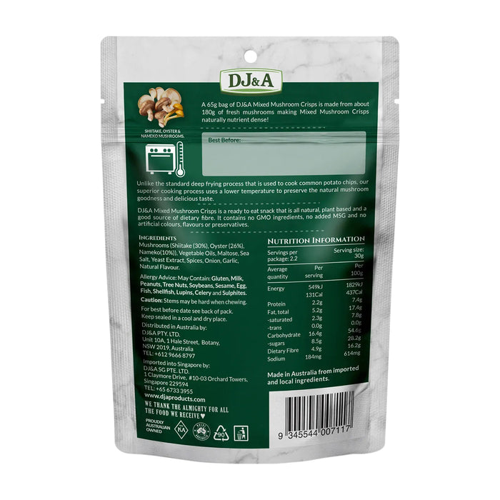 DJ&A Mixed Mushroom Crisps 65g Nutritional Panel Wicked NRG