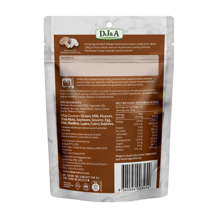 DJ&A Shiitake Mushroom Crisps 65g Nutritional Panel Wicked NRG