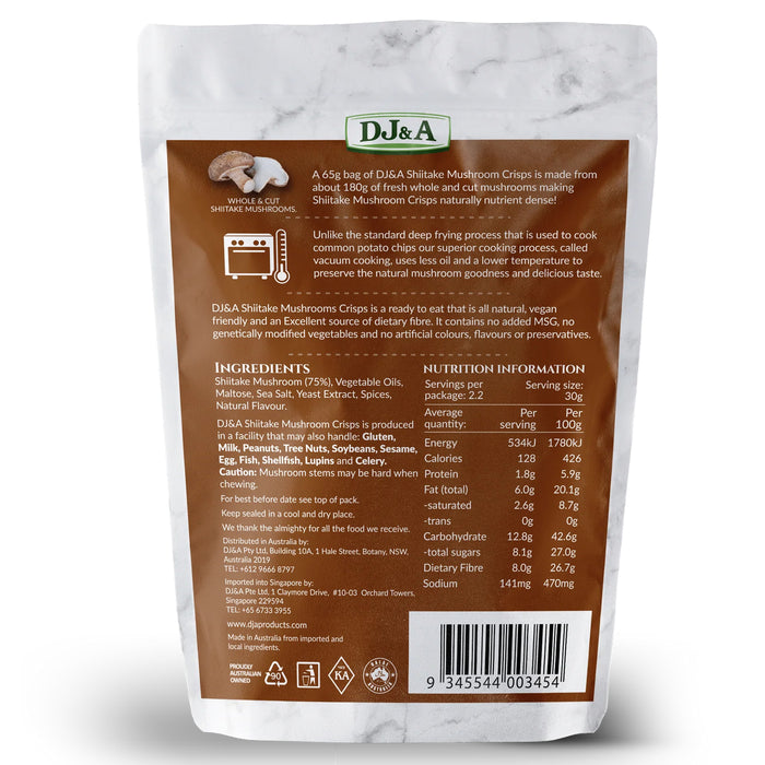 DJ&A Shiitake Mushroom Crisps 65g Nutritional Panel Wicked NRG