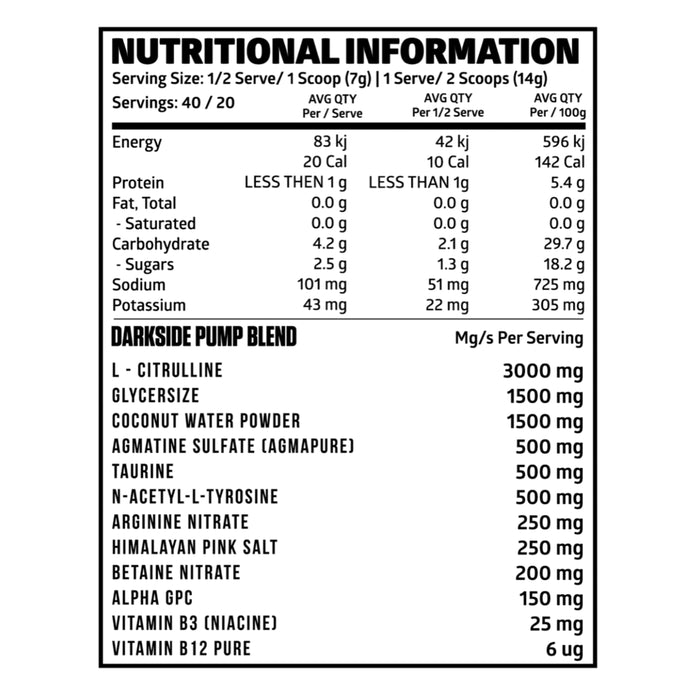 Darkside, Ultra Pump Xtreme, 40 Serves, 280 Grams, Nutritional Panel, Wicked NRG