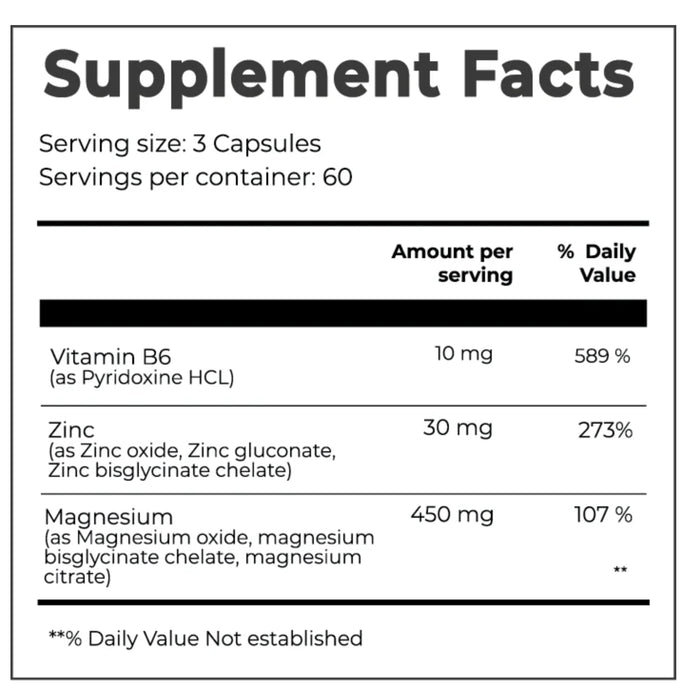 Day One ZMA Magnesium, Zinc, Aspartate & B6, 180 Capsules, Nutritional Panel, Wicked NRG