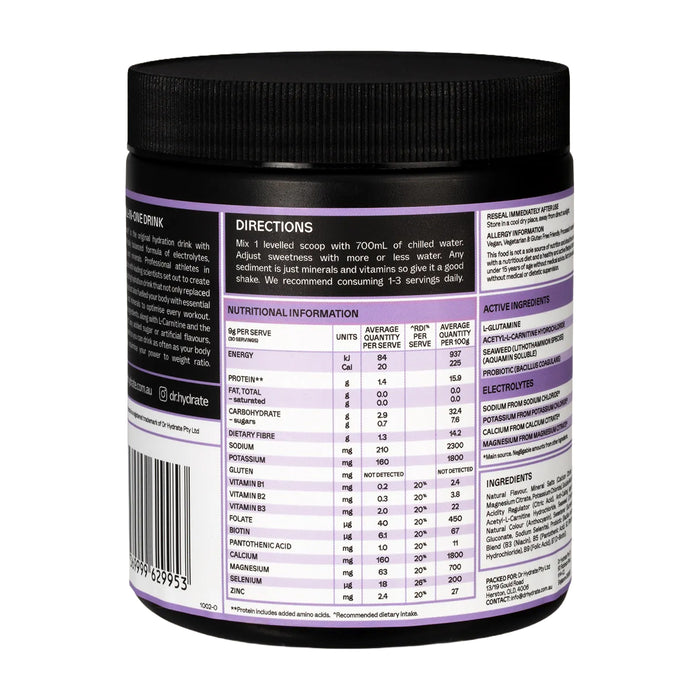 Dr Hydrate All-In-One Hydration Drink Hasta Cert Grape 270g Nutritional Panel Wicked NRG