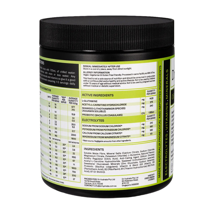 Dr Hydrate All-In-One Hydration Drink Hasta Cert Lychee Lime, 270g, Ingredients, Wicked NRG