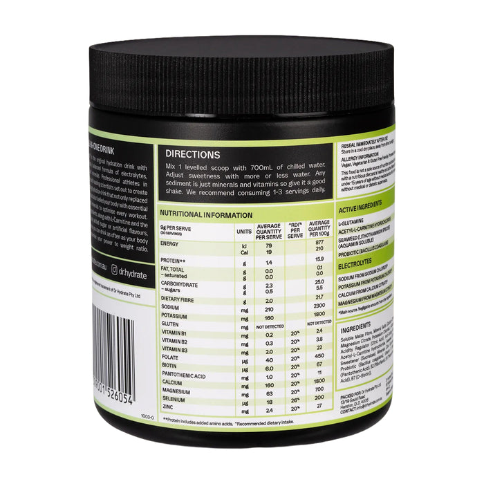 Dr Hydrate All-In-One Hydration Drink Hasta Cert Lychee Lime, 270g, Nutritional Panel, Wicked NRG