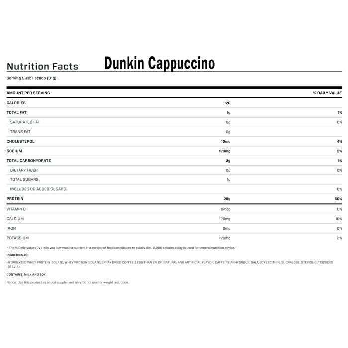 Dymatize ISO 100 Dunkin Cappuccino 620g 20 Serves Nutritional Panel Wicked NRG
