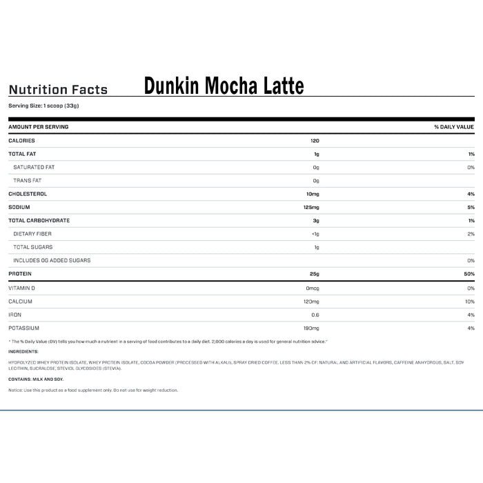Dymatize ISO 100 Dunkin Mocha Latte 660g 20 Serves Nutritional Panel Wicked NRG