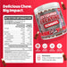 A red promotional graphic for OxyShred Creatine Gummies by Calm Cole, showing a large jar of gummies, a nutrition information panel, ingredients list, and usage directions with small gummy illustrations.