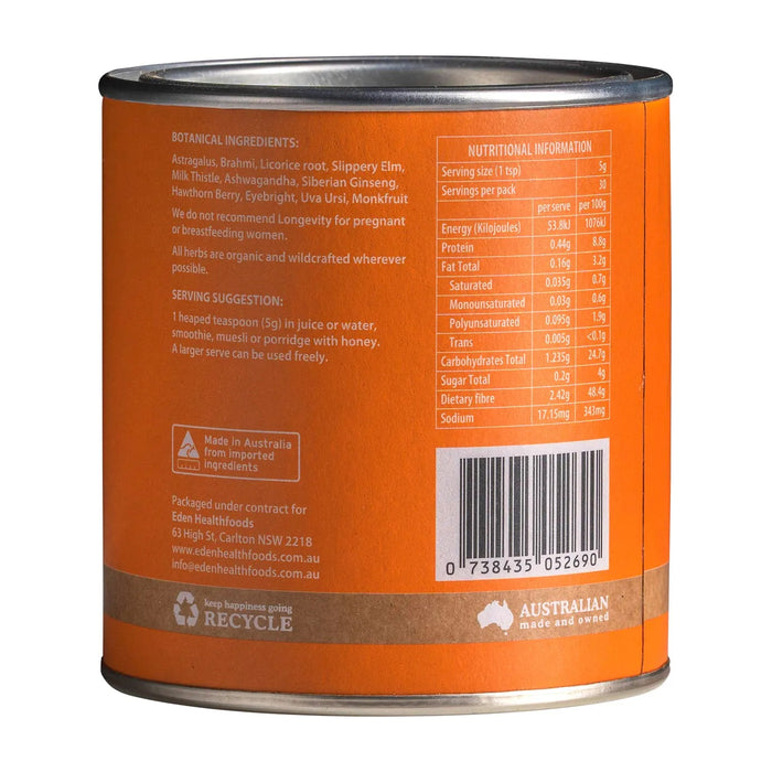 Eden Health Foods Longevity Whole Body Tonic 150g Nutritional Panel Wicked NRG