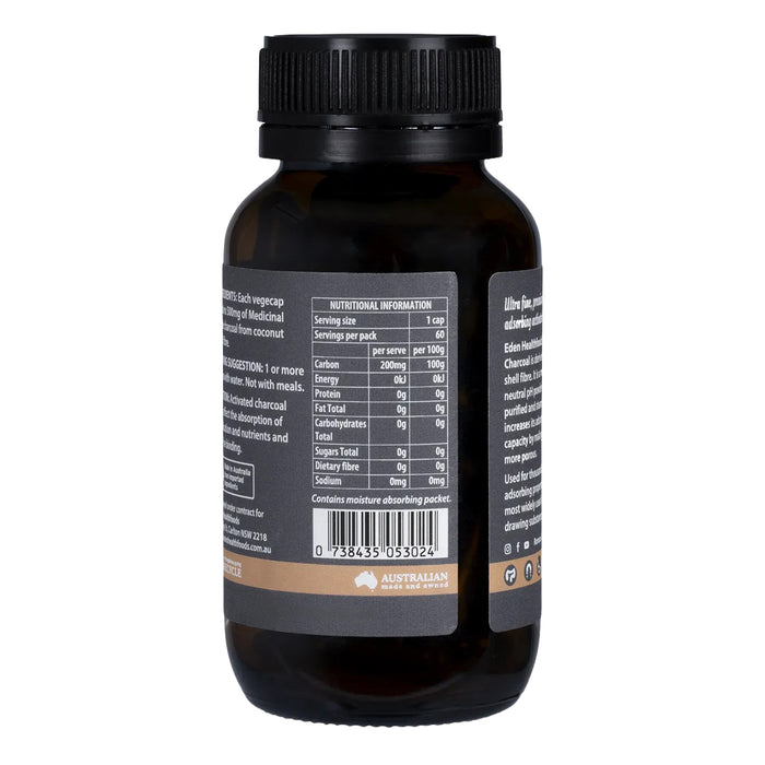 Eden Healthfoods Activated Charcoal Steam Activated Charcoal Powder 60 Capsules Nutritional Panel Wicked NRG