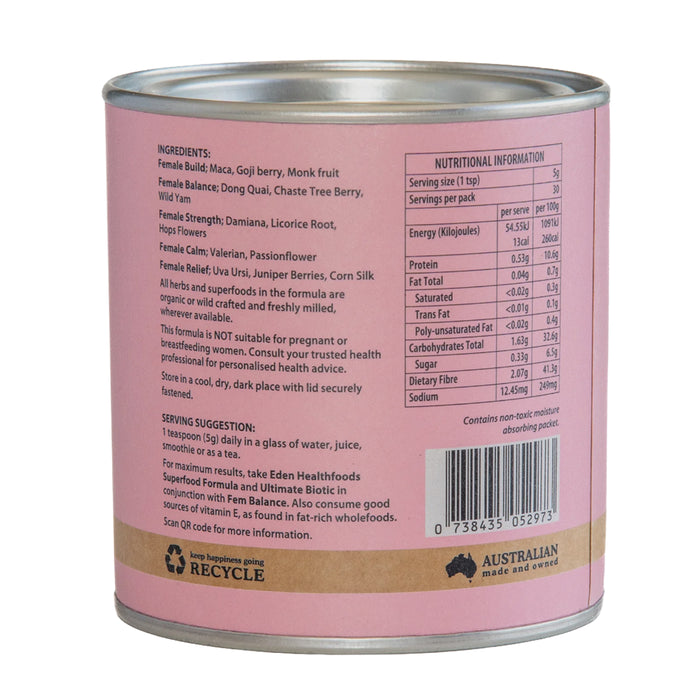 Eden Healthfoods Femal Balance 150g Nutritional Panel Wicked NRG