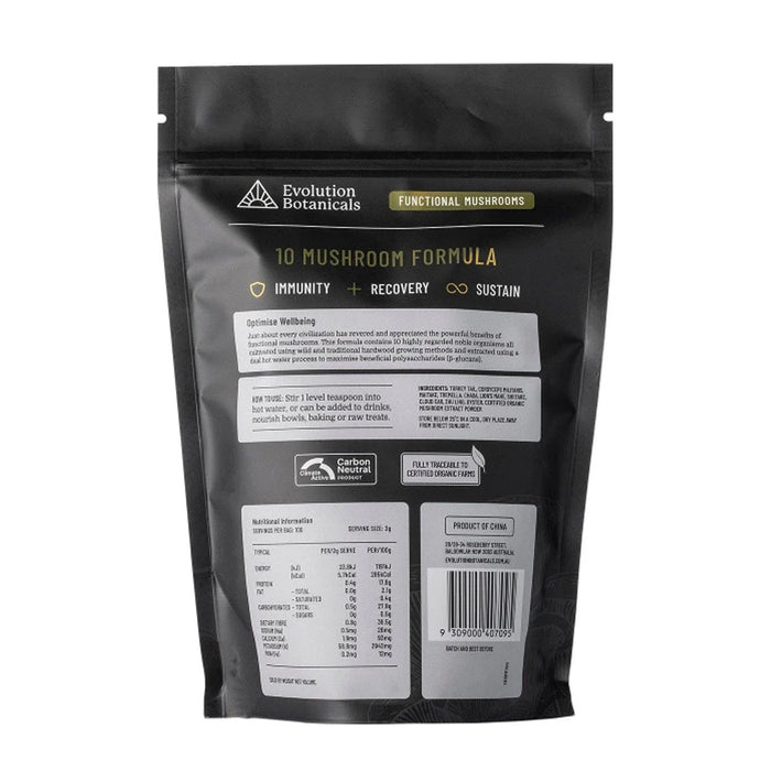 Evoluton Botanicals 10 Mushroom Formula Powder 200g Nutritional Panel Wicked NRG 