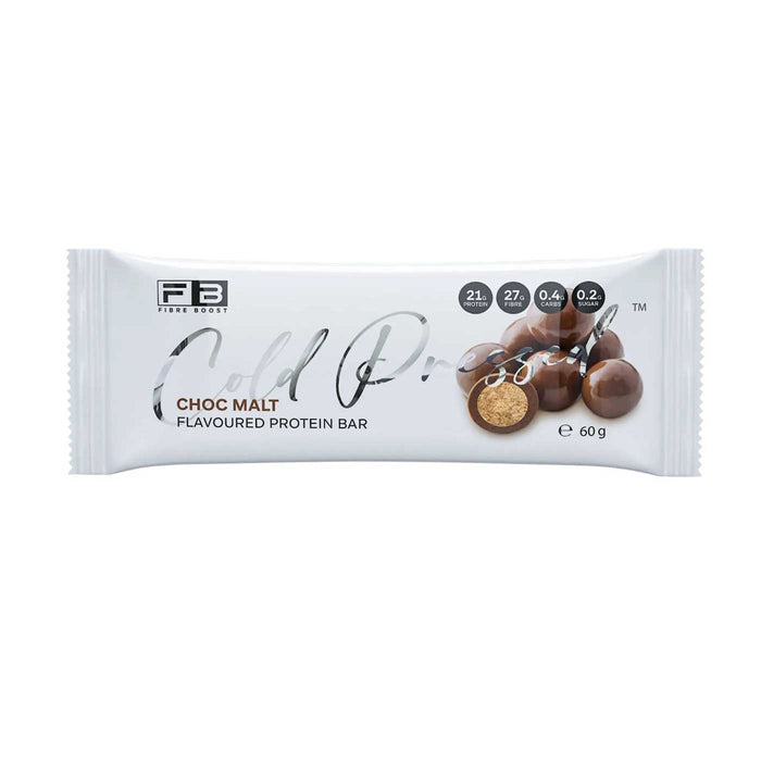 Fibre Boost Cold Pressed Protein Bar Packet Front Choc Malt Flavour