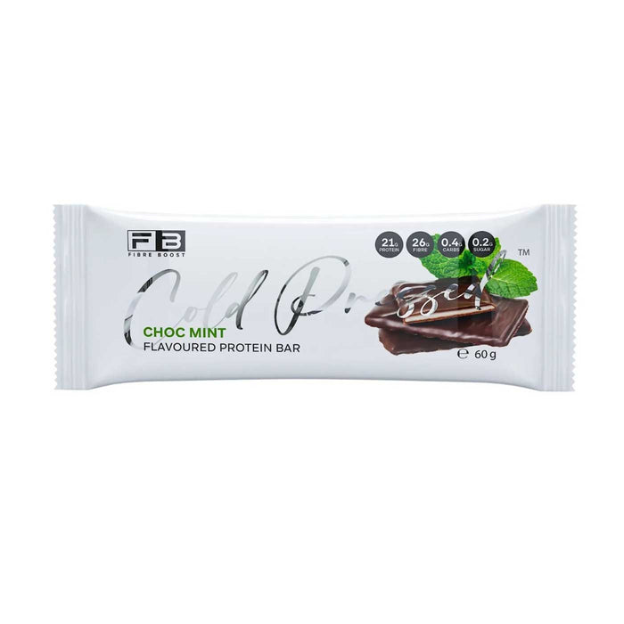Fibre Boost Cold Pressed Protein Bar Packet Front Choc Mint Flavour