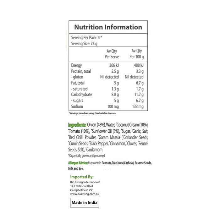 Food Earth Organic Simmer Sauce - Butter Chicken 300g Nutritional Panel Wicked NRG