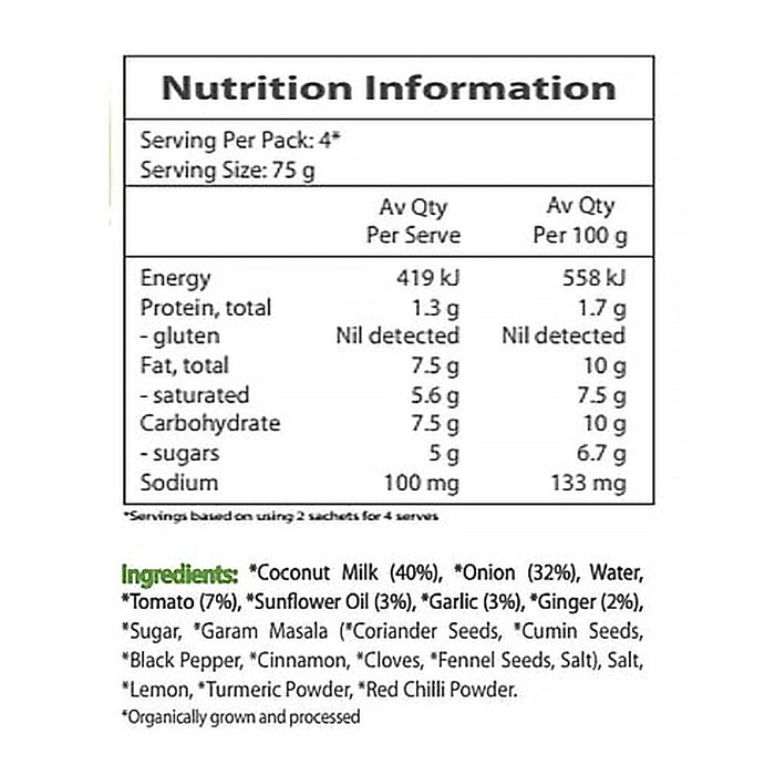 Food Earth Organic Simmer Sauce - Coconut Curry 300g 2x 150g  Nutritional Panel Wicked NRG