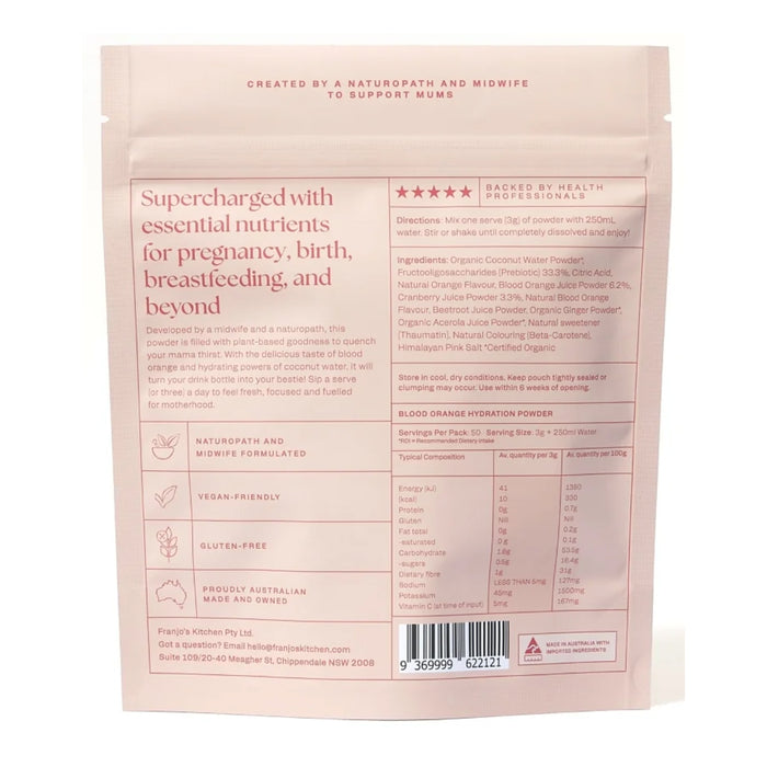 Franjos Kitchen Motherhood Hydration Powder - Blood Orange 150g Nutritional Panel  Wicked NRG