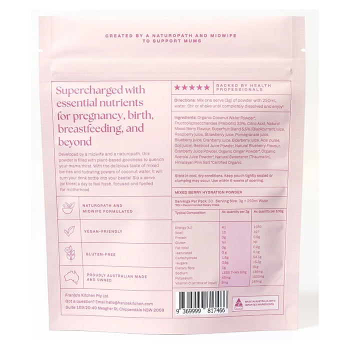 Franjos Kitchen Motherhood Hydration Powder - Mixed Berry 150g Nutritional Panel Wicked NRG