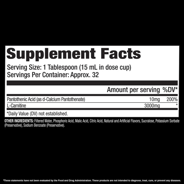 Gat Sport Liquid L-Carnitine 3000 Nutritional Panel 473ml Wicked NRG