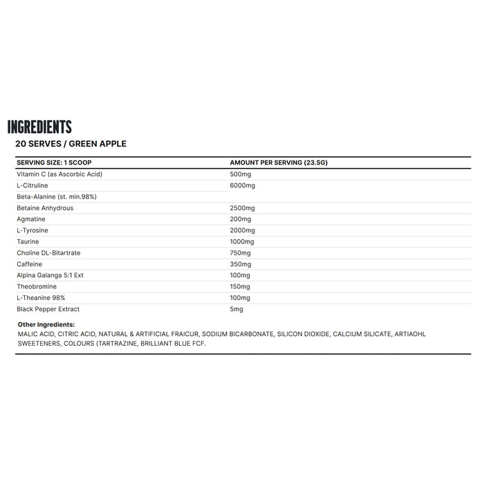 Gat Sport Nitraflex Black 20 serves Nutritional Panel Wicked NRG