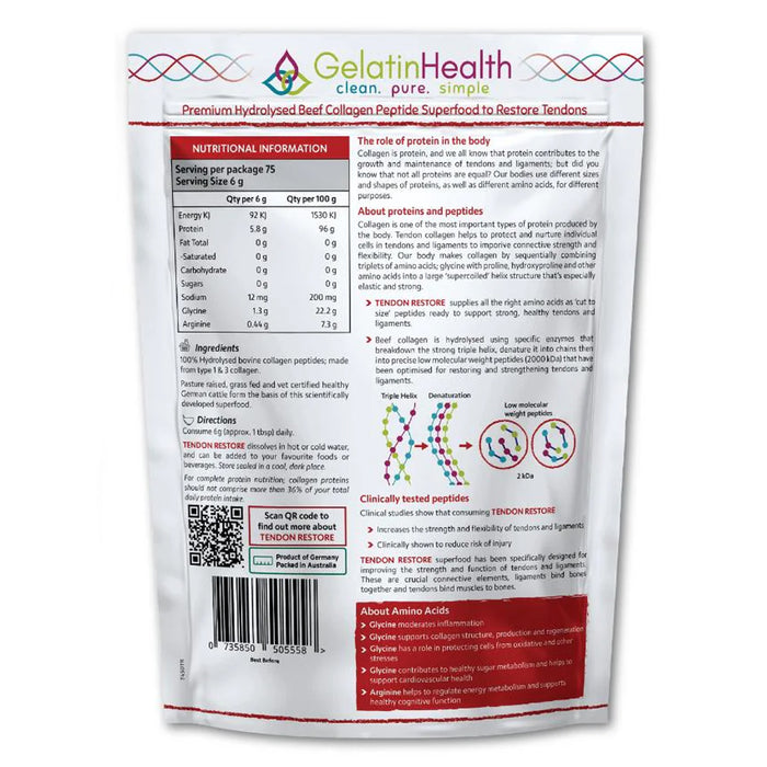 Gelatin Health Tendon Restore Collagen 450 Grams Nutritional Panel Wicked NRG