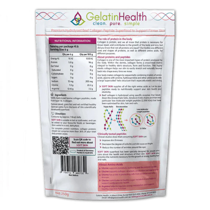 Gelatin Health Soft Skin Collagen Nutritional Panel 250 Grams Wicked NRG