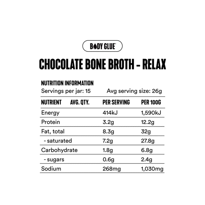 Gevity RX Chocolate Bone Broth Body Glue 390g, Nutritional Panel, Wicked NRG