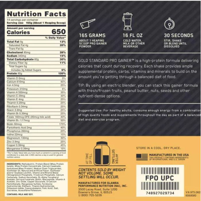Optimin Nutrition Gold Standard Pro Gainer Nutritional panel Wicked NRG