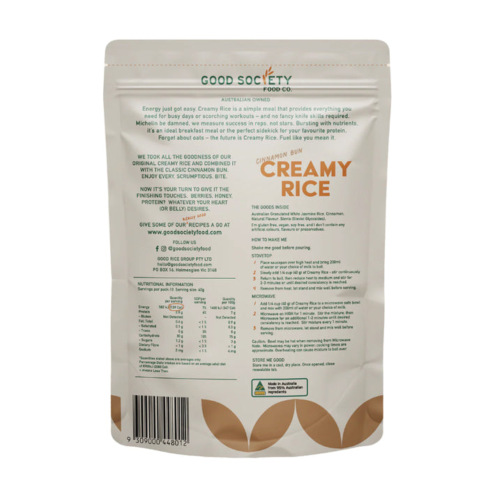 Good Society Food Co. Creamy Rice Cinnamon Bun 1kg Nutritional Panel Wicked NRG