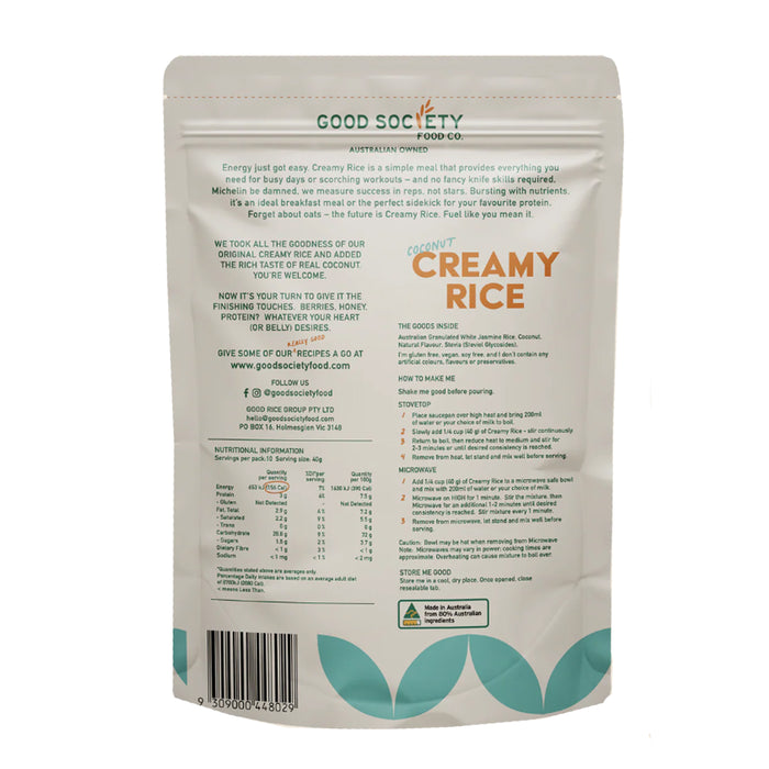 Good Society Food Co. Creamy Rice Coconut 1kg Nutritional Panel Wicked NRG