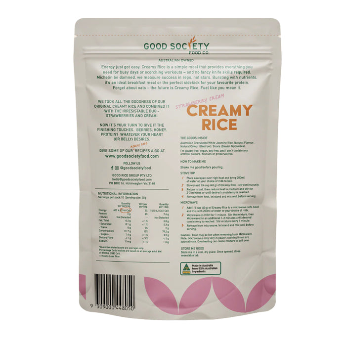 Good Society Food Co. Creamy Rice Strawberry Cream 400g Nutritional Panel Wicked NRG