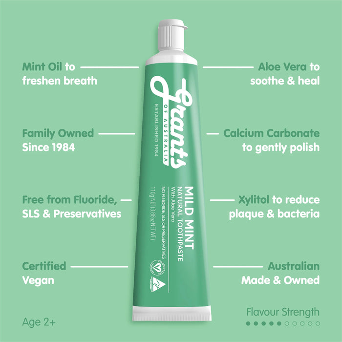 Grants Of Australia, Natural Toothpaste Mild Mint with Aloe Vera 110 Grams a Wicked NRG