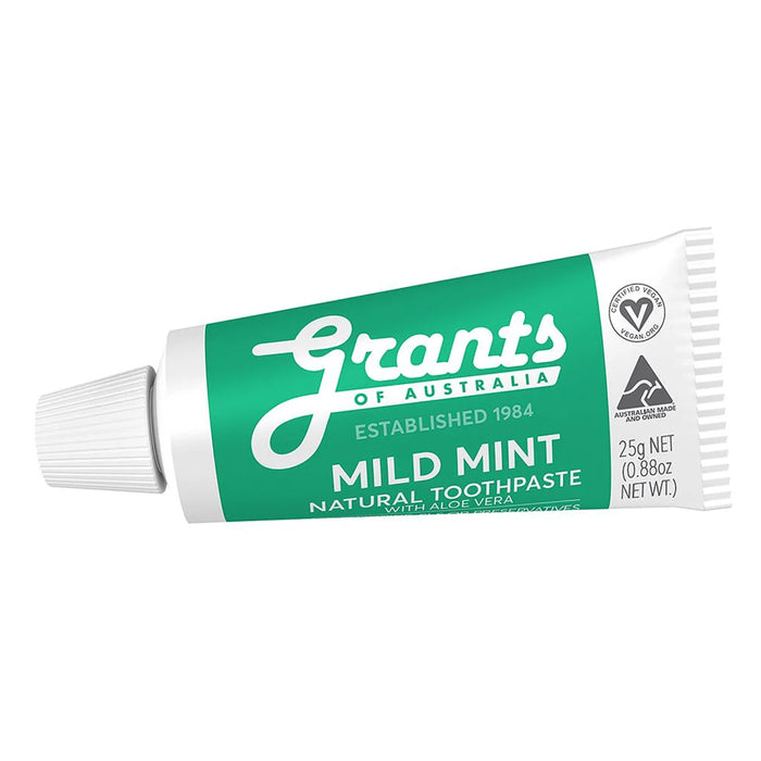 Grants Of Australia, Natural Toothpaste Mild Mint with Aloe Vera 25g Travel Size, Small Wicked NRG