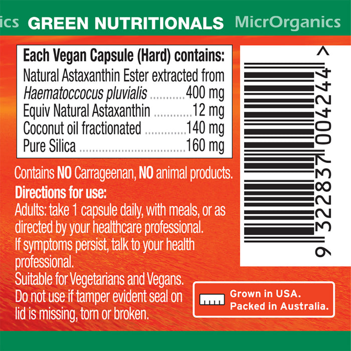 Green Nutritionals Natural Astaxanthin Vegan Capsules 12mg 20 Capsules  Nutritional Panel Wicked NRG