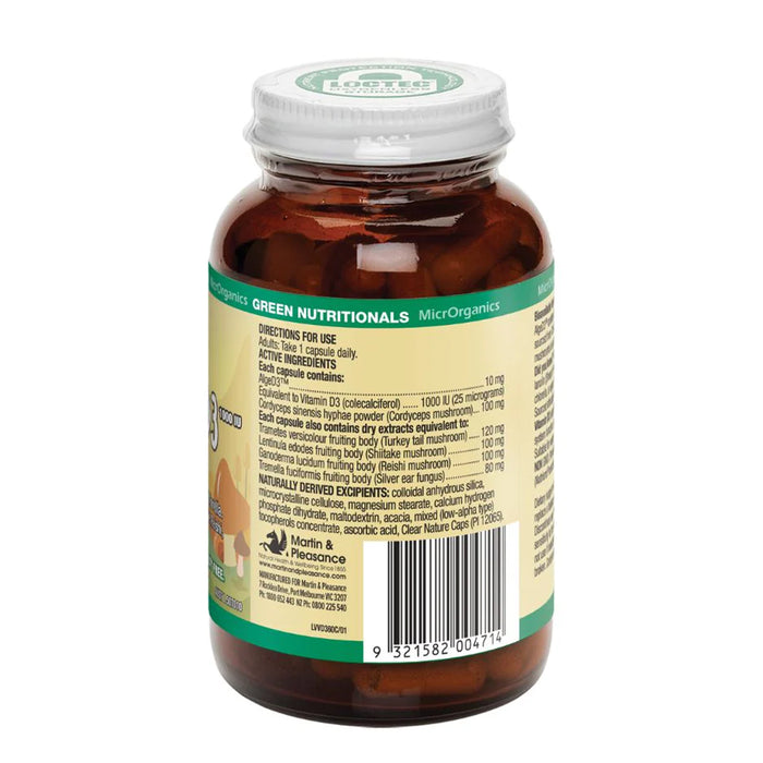 Green Nutritionals Vitamin D3 1000IU + Mushrooms 60 Capsules, Nutritional Panel Wicked NRG
