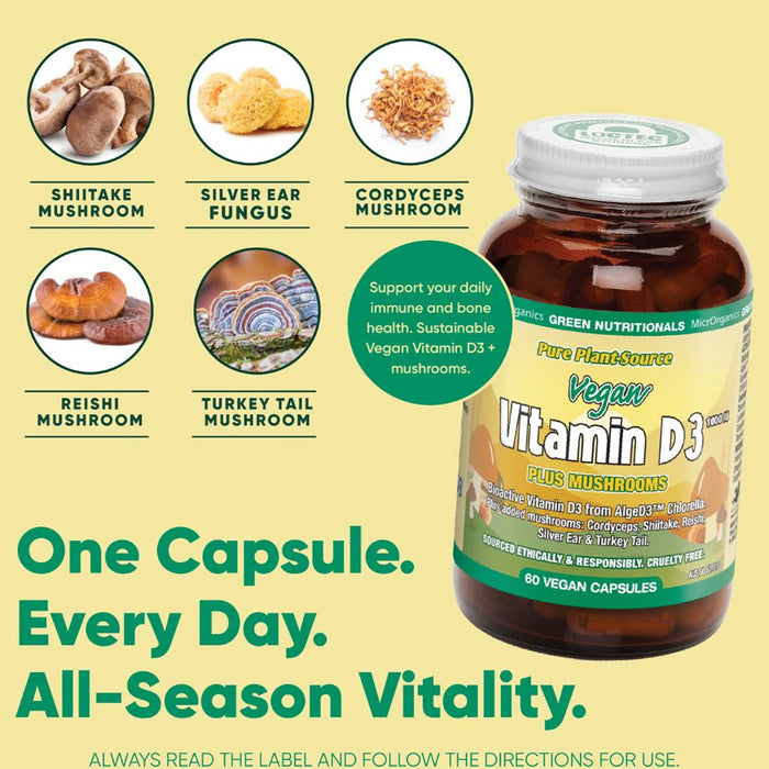 Green Nutritionals Vitamin D3 1000IU + Mushrooms 60 Capsules, Wicked NRG