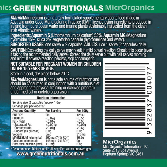 Green Nutritionals Marine Magnesium Nutritional Panel Vegan Capsules Wicked NRG