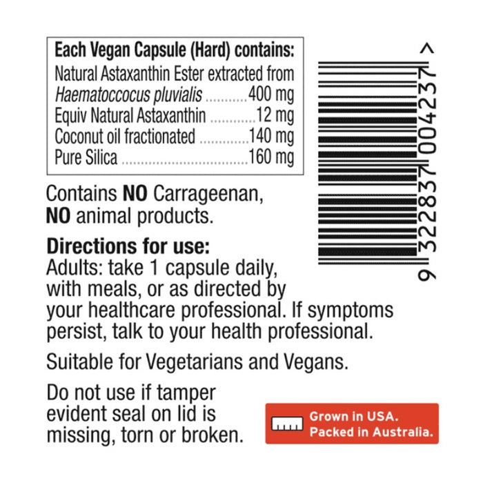 Green Nutritionals Natural Astaxanthin Vegan Capsules 12mg 60 Capsules ingredients Wicked NRG