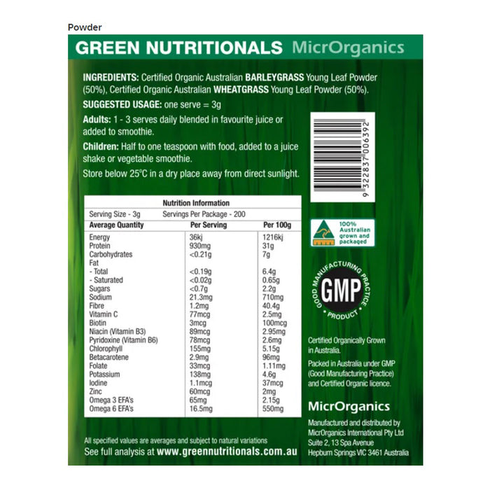 Green Nutritionals Australian Organic Supergrass Nutritional Panel