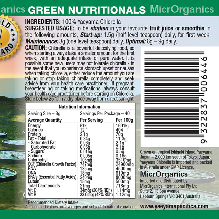 Green Nutritionals Yaeyama Pacifica Chlorella Super Greens Nutritional Panel Wicked NRG
