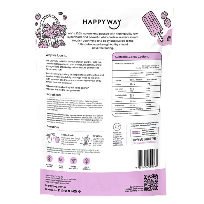 Happy Way Strawberry Whey Protein 500g Nutritional Panel Wicked NRG