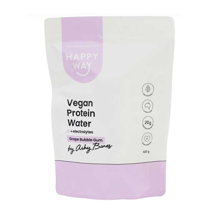 Happy Way Vegan Protein Water by Ashy Bines Grape Bubblegum 240g Front