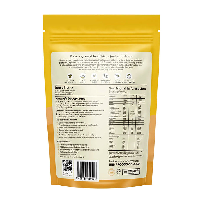 Hemp Foods Australia Organic Hemp Gold Protein 450g Nutritional Panel Wicked NRG