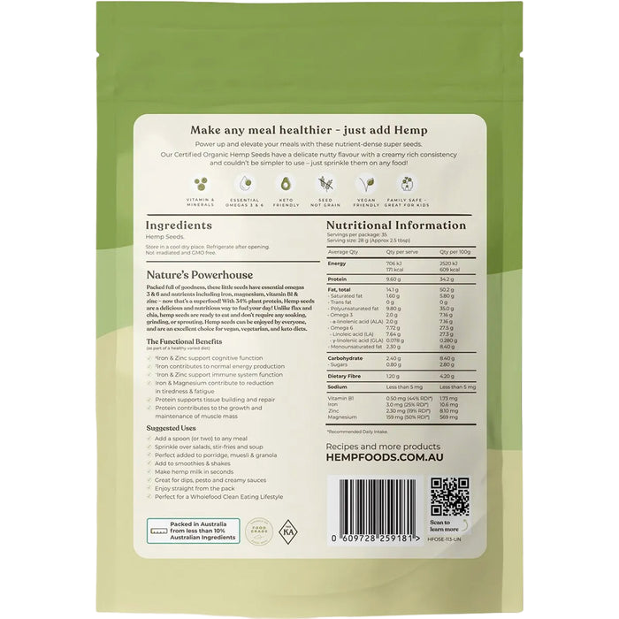 Hemp Foods Australia Organic Hemp Seeds Hulled 1kg Nutritional Panel Wicked NRG